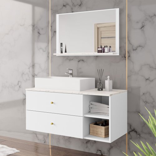 Mobile bagno sospeso 100 cm bianco opaco cannettato con lavabo - Konai plus